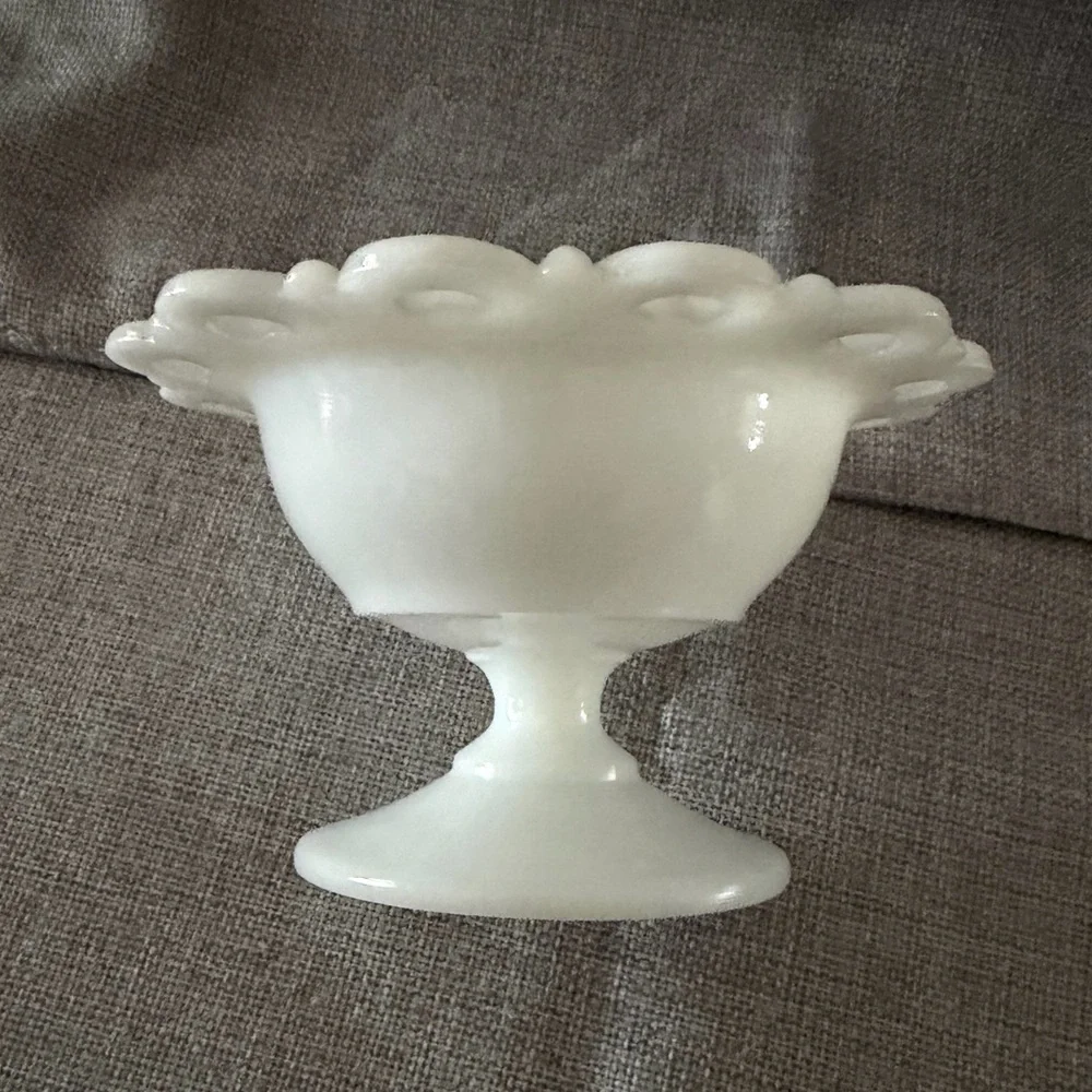 Vintage Anchor Hocking Lace Edge Milk Glass Pedestal Bowl | Candy Trinket Bowl